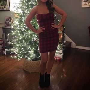 GUESS Valentia Plaid Scuba Strapless Dress S